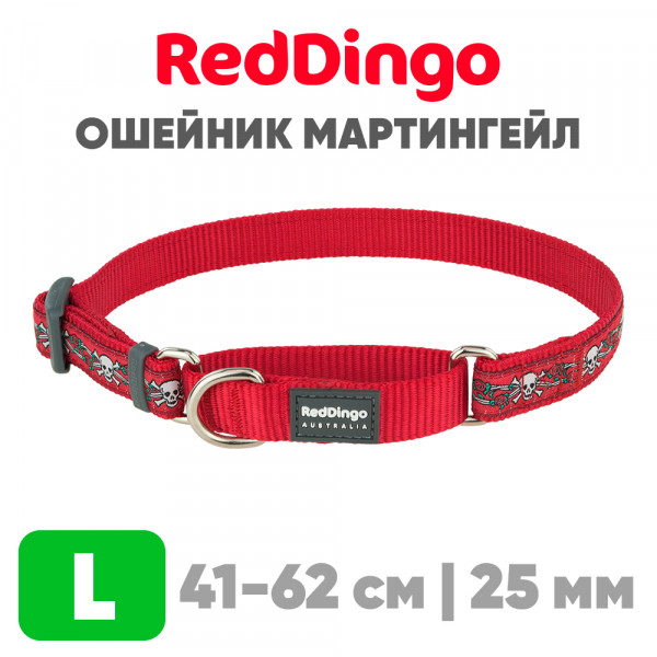 Мартингейл ошейник для собак Red Dingo красный Skull-Roses 41-62 см, 25 | L