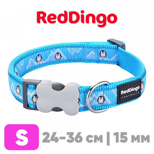 Ошейник для собак Red Dingo лазурный с пингвинами 24-36 см, 15 мм | S
