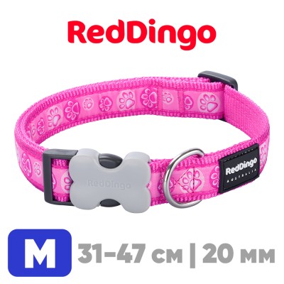 Ошейник для собак Red Dingo ярко-розовый Paws 31-47 см, 20 мм | M