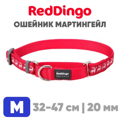 Ошейник-мартингейл Red Dingo красный с оленями 32-47 см, 20 мм | M