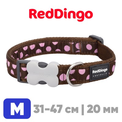 Ошейник для собак Red Dingo коричневый с розовыми горохами 31-47 см, 20 мм | M
