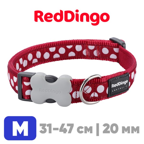 Ошейник для собак Red Dingo красный с белыми горохами 31-47 см, 20 мм | M