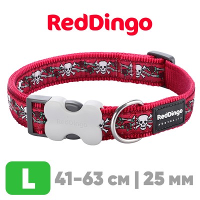 Ошейник для собак Red Dingo красный Skull-Roses 41-63 см, 25 мм | L