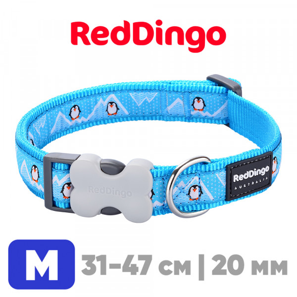 Ошейник для собак Red Dingo лазурный с пингвинами 31-47 см, 20 мм | M