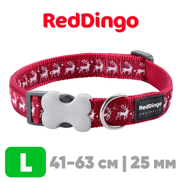 Ошейник для собак Red Dingo красный с оленями 41-63 см, 25 мм | L
