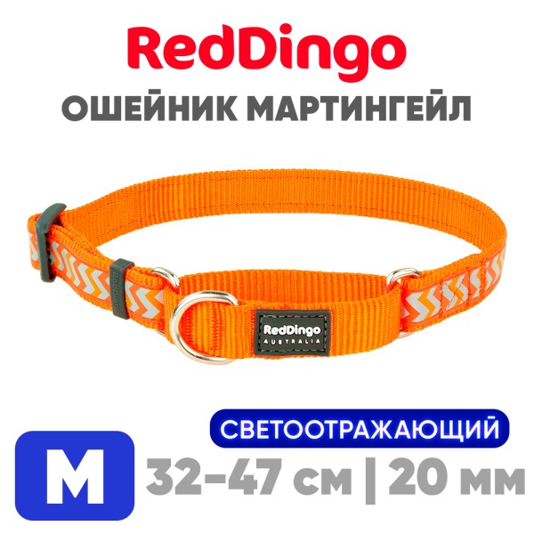 Мартингейл ошейник для собак Red Dingo светоотражающий оранжевый Ziggy 31-47 см, 20 мм | M